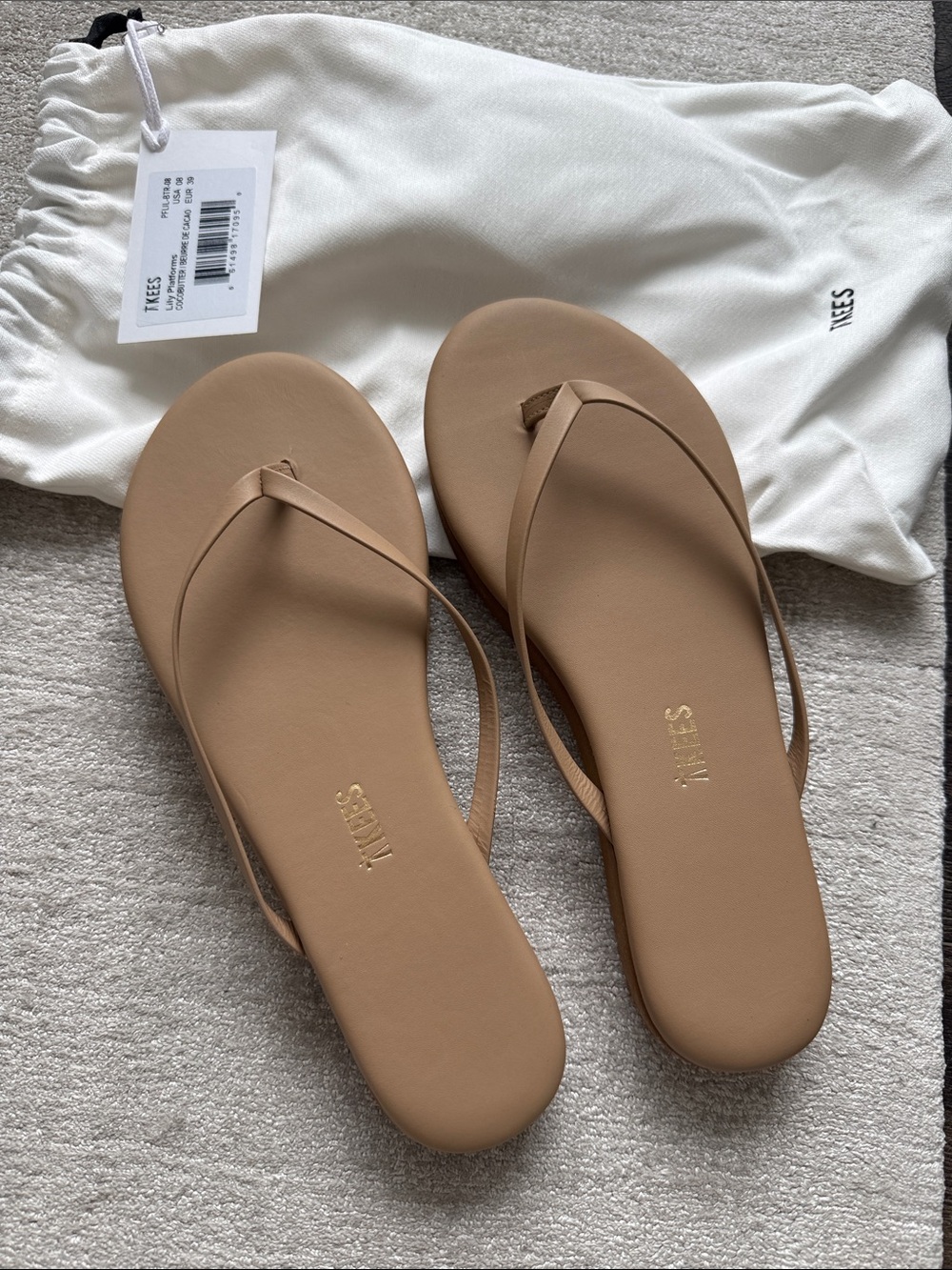 TKEES Women's Beige Minimalist Leather Flip Flop Sandals Platform